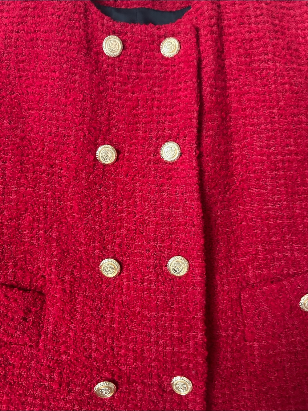 Zara Red Tweed Double-Breasted Blazer with Gold Buttons - Picture 3 of 6